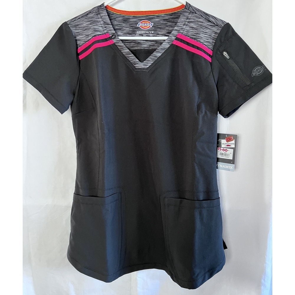 Dickies Scrub Top Womens Sz XS Black Dynamix V-Neck Nurse Doctor Medical DK730